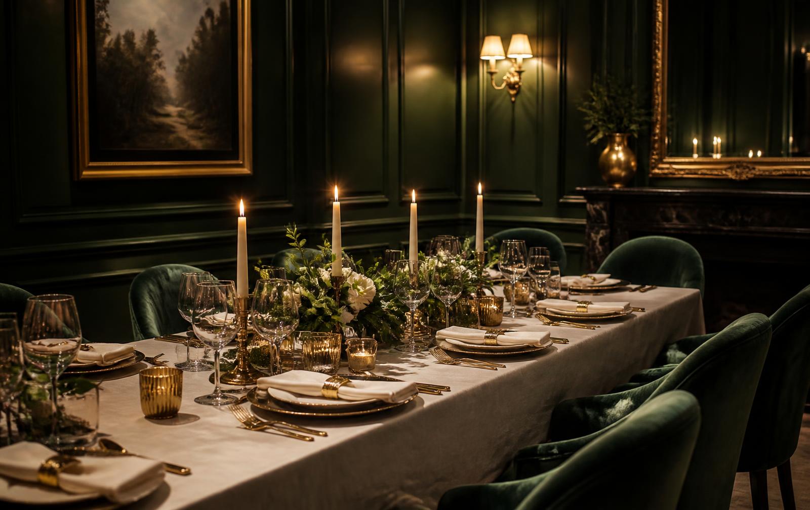 A candlelit private dining table in a green-panelled room
